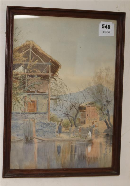 Japanese School, watercolour, waterside houses, 37 x 26cm